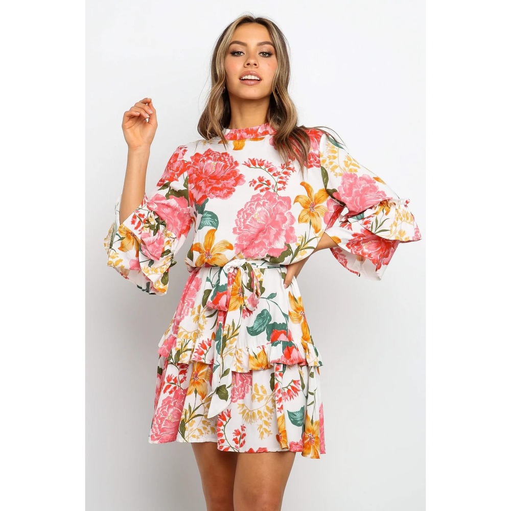 Petal & Pup Peta Dress White Floral Mini Bell Sleeve Ruffle Size XL NEW With Tag